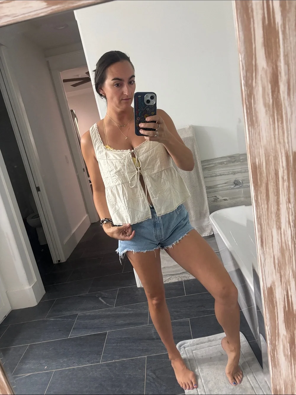 AEO Cream Tie-Front Embroidered Tank